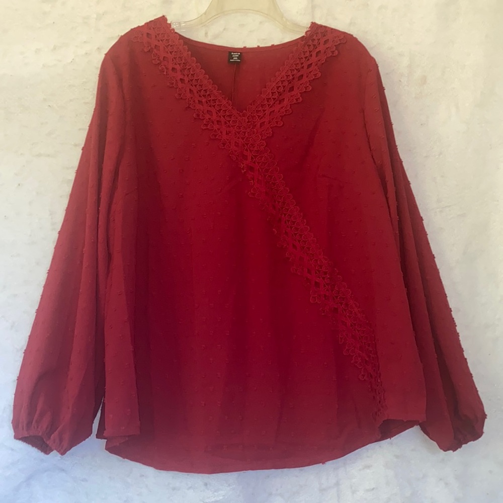 Shein Curve Burgundy V-Neck Long Sleeve Top Plus Size  2XL